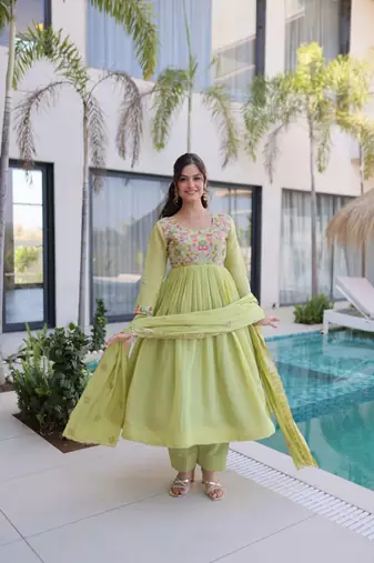  pista green mal chanderi anarkali 3pices suit with multicolored beads embroidery