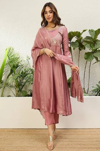 Floral embroidered silk blend round neck kurta trouser & dupatta set