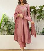 Floral embroidered silk blend round neck kurta trouser & dupatta set