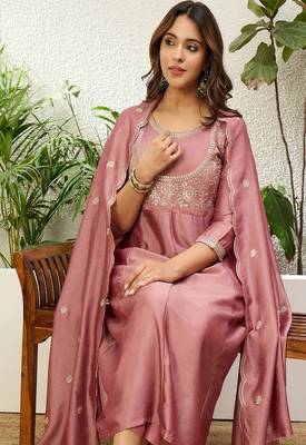Floral embroidered silk blend round neck kurta trouser & dupatta set 4