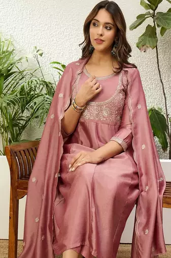 Floral embroidered silk blend round neck kurta trouser & dupatta set