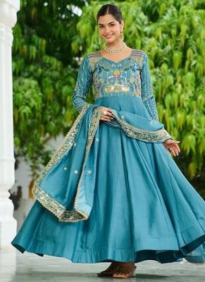 teal blue silk blend  & rich sequins, multi thread and zari embroidered work for long gown with full sleeves 1
