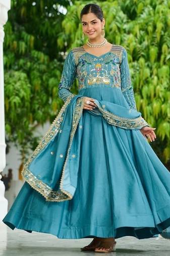 teal blue silk blend  & rich sequins, multi thread and zari embroidered work for long gown with full sleeves