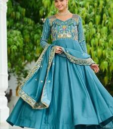 teal blue silk blend  & rich sequins, multi thread and zari embroidered work for long gown with full sleeves