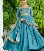 teal blue silk blend  & rich sequins, multi thread and zari embroidered work for long gown with full sleeves
