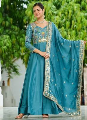 teal blue silk blend  & rich sequins, multi thread and zari embroidered work for long gown with full sleeves 2