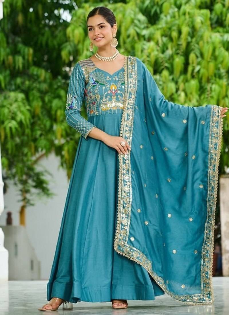 teal blue silk blend  & rich sequins, multi thread and zari embroidered work for long gown with full sleeves