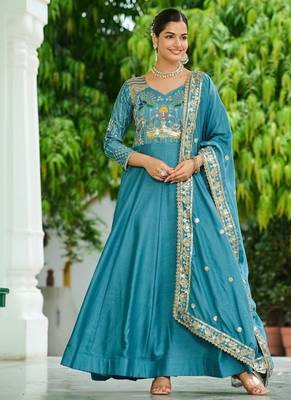 teal blue silk blend  & rich sequins, multi thread and zari embroidered work for long gown with full sleeves 4