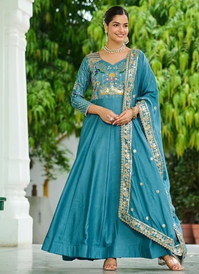 teal blue silk blend  & rich sequins, multi thread and zari embroidered work for long gown with full sleeves