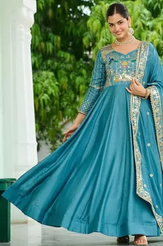 teal blue silk blend  & rich sequins, multi thread and zari embroidered work for long gown with full sleeves