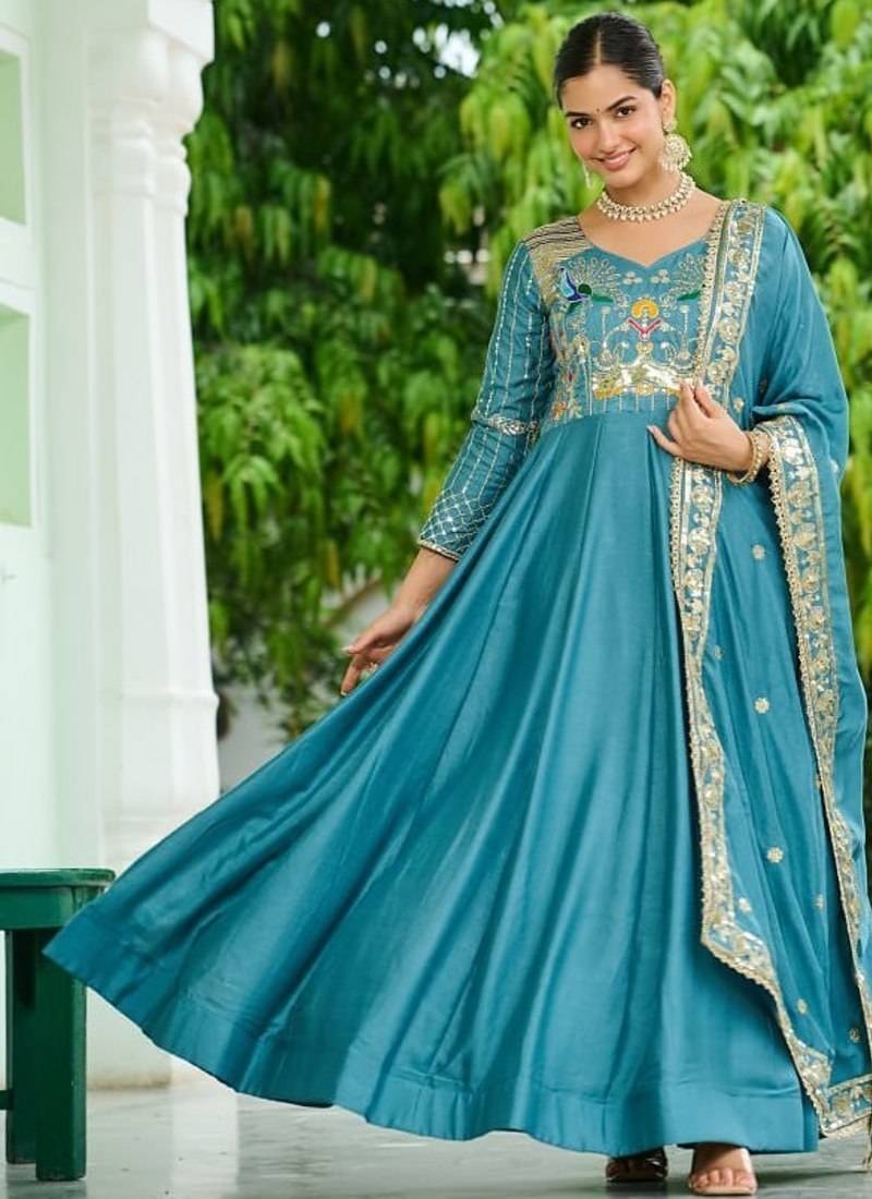 teal blue silk blend  & rich sequins, multi thread and zari embroidered work for long gown with full sleeves