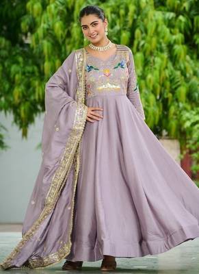 Lavender silk blend  & rich sequins, multi thread and zari embroidered work for long gown with full sleeves 1