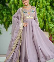 Lavender silk blend  & rich sequins, multi thread and zari embroidered work for long gown with full sleeves
