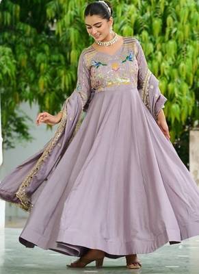 Lavender silk blend  & rich sequins, multi thread and zari embroidered work for long gown with full sleeves 2