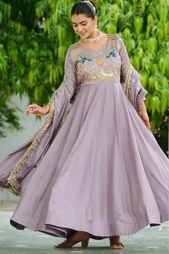 Lavender silk blend  & rich sequins, multi thread and zari embroidered work for long gown with full sleeves