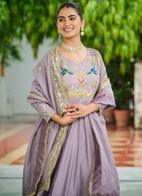 Lavender silk blend  & rich sequins, multi thread and zari embroidered work for long gown with full sleeves 3