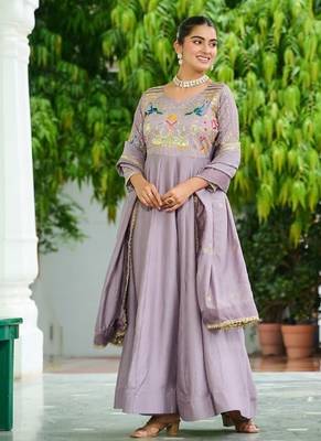 Lavender silk blend  & rich sequins, multi thread and zari embroidered work for long gown with full sleeves 4