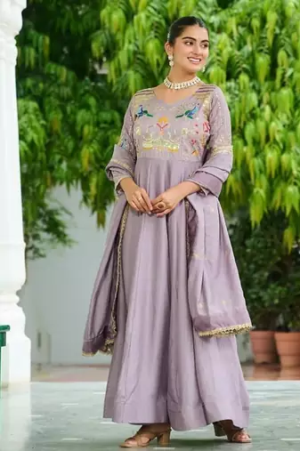 Lavender silk blend  & rich sequins, multi thread and zari embroidered work for long gown with full sleeves