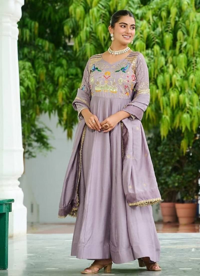 Lavender silk blend  & rich sequins, multi thread and zari embroidered work for long gown with full sleeves