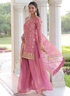 pink sequins work fendi silk blend designer readymade top sharara dupatta for women's 1