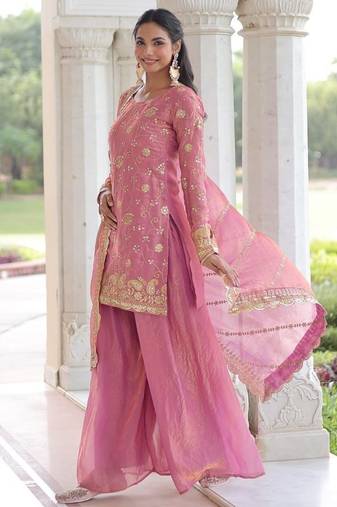 pink sequins work fendi silk blend designer readymade top sharara dupatta for women's