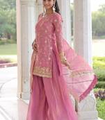 pink sequins work fendi silk blend designer readymade top sharara dupatta for women's