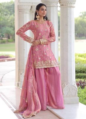 pink sequins work fendi silk blend designer readymade top sharara dupatta for women's 2