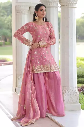 pink sequins work fendi silk blend designer readymade top sharara dupatta for women's