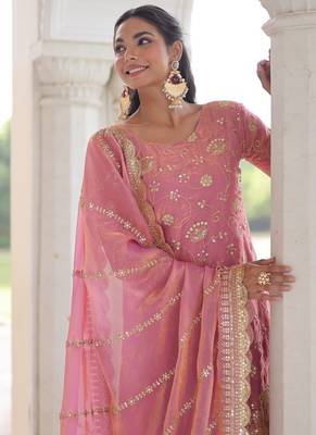 pink sequins work fendi silk blend designer readymade top sharara dupatta for women's 3