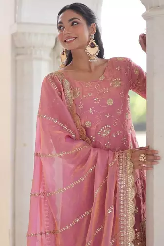 pink sequins work fendi silk blend designer readymade top sharara dupatta for women's