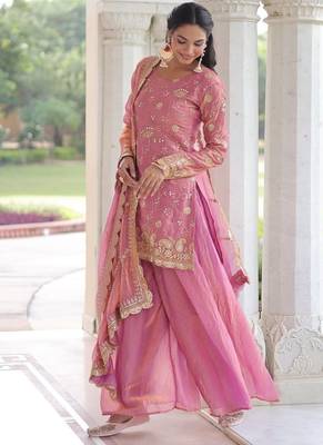 pink sequins work fendi silk blend designer readymade top sharara dupatta for women's 4