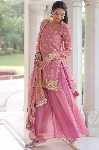 pink sequins work fendi silk blend designer readymade top sharara dupatta for women's