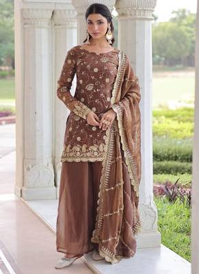 coffee sequins work fendi silk blend designer readymade top sharara dupatta for women's 1