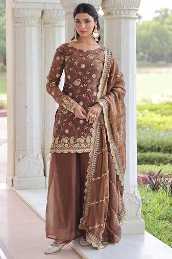 coffee sequins work fendi silk blend designer readymade top sharara dupatta for women's