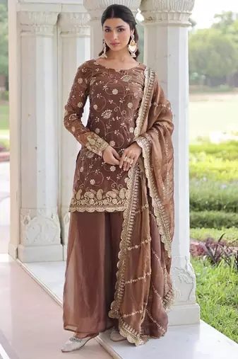 coffee sequins work fendi silk blend designer readymade top sharara dupatta for women's