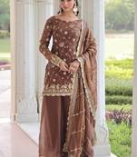 coffee sequins work fendi silk blend designer readymade top sharara dupatta for women's
