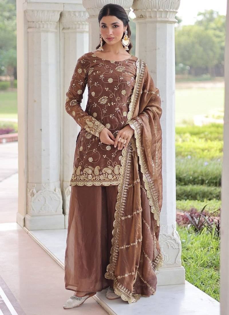 coffee sequins work fendi silk blend designer readymade top sharara dupatta for women's