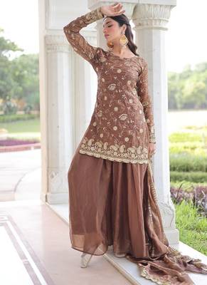 coffee sequins work fendi silk blend designer readymade top sharara dupatta for women's 2