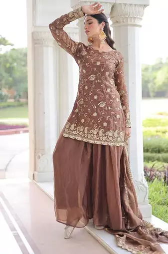 coffee sequins work fendi silk blend designer readymade top sharara dupatta for women's