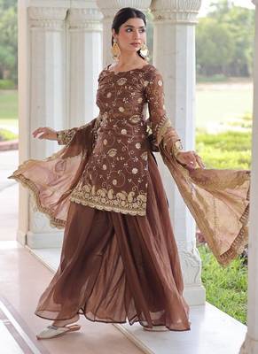 coffee sequins work fendi silk blend designer readymade top sharara dupatta for women's 4