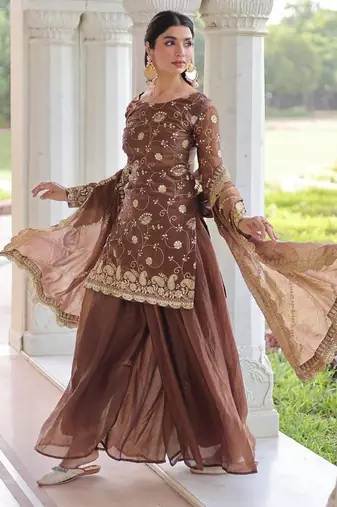 coffee sequins work fendi silk blend designer readymade top sharara dupatta for women's