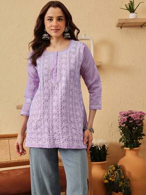 hand embroidered lavender cotton lucknowi chikankari short kurti 1