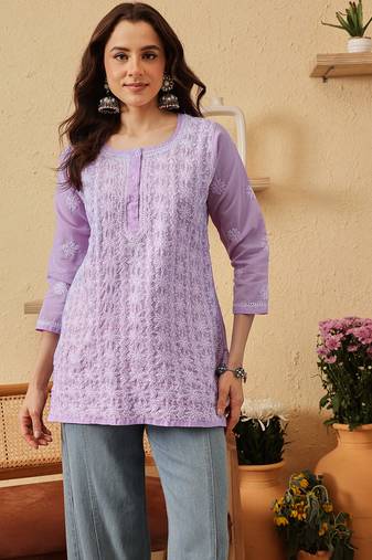 hand embroidered lavender cotton lucknowi chikankari short kurti