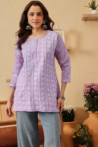hand embroidered lavender cotton lucknowi chikankari short kurti