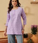 hand embroidered lavender cotton lucknowi chikankari short kurti