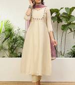 Floral embroidered silk blend v neck kurta trouser & dupatta set