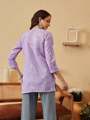 hand embroidered lavender cotton lucknowi chikankari short kurti 2