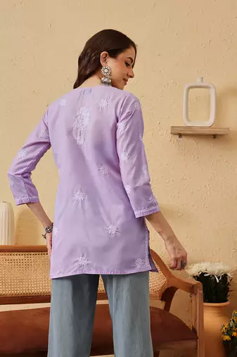 hand embroidered lavender cotton lucknowi chikankari short kurti