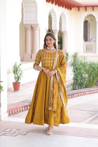 mustard silk blend  sequins zari embroidered anarkali suit for festive women's wear 