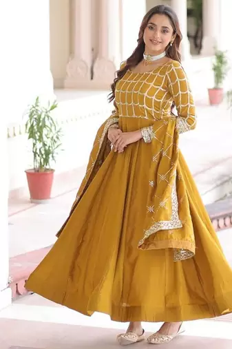 mustard silk blend  sequins zari embroidered anarkali suit for festive women's wear 
